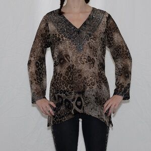 Y2k mesh cheetah print blouse with sequins size large